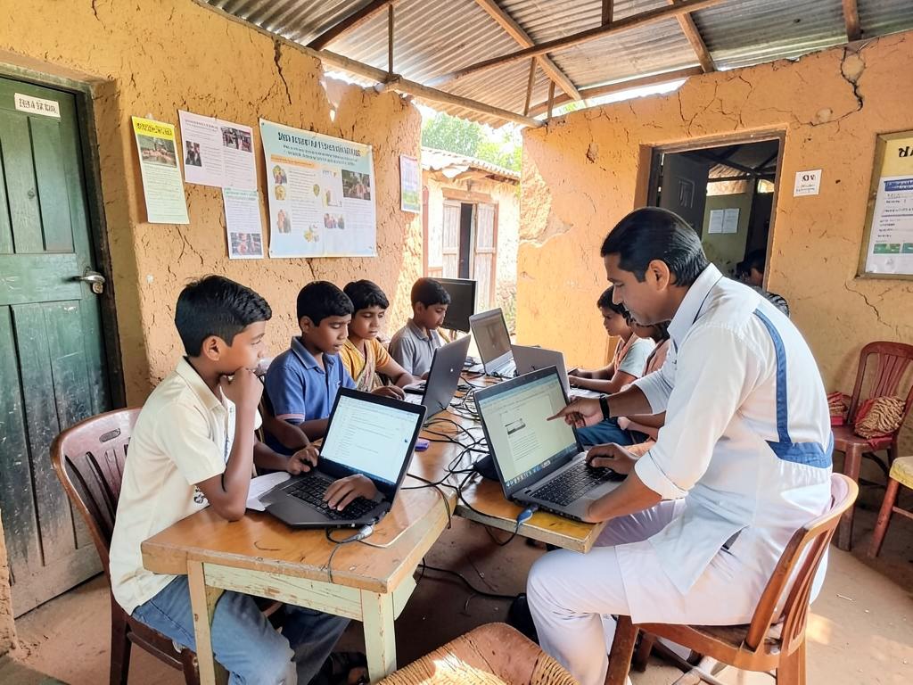 Young people learning computers at a village digital centre