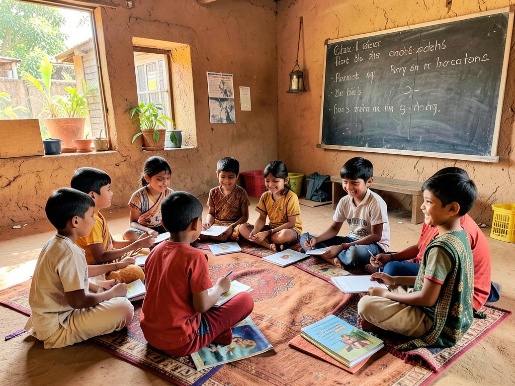 Children studying together at a village learning centre